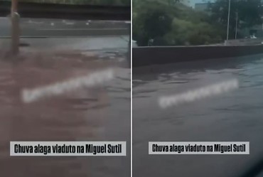 Temporal em Cuiabá transforma viaduto em 